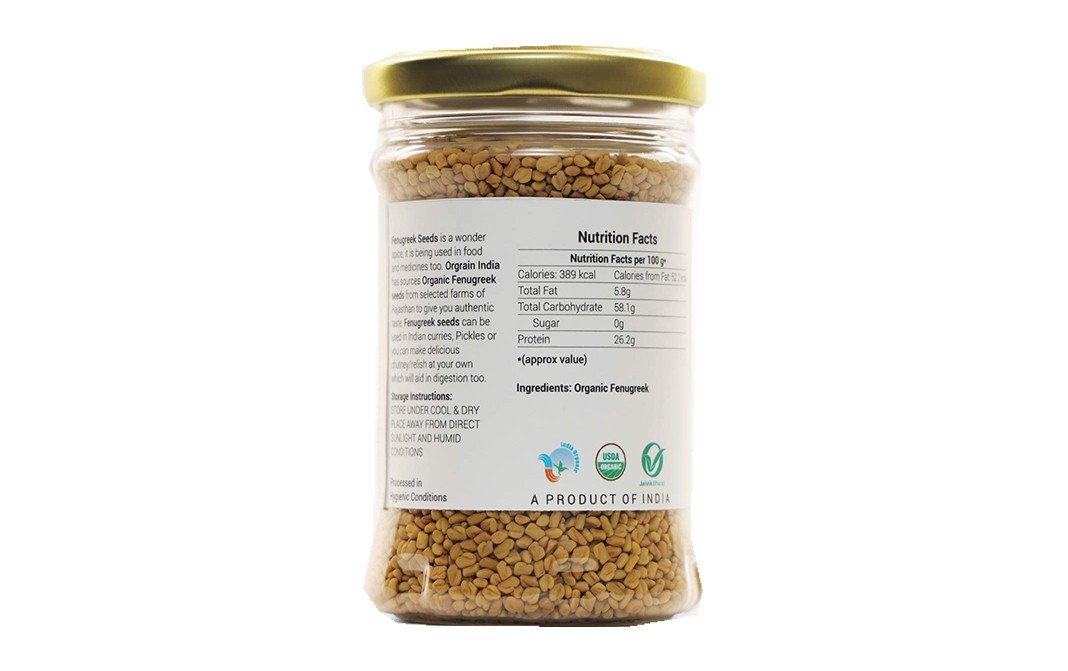 Orgrain India Organic Fenugreek Seeds    Glass Jar  200 grams